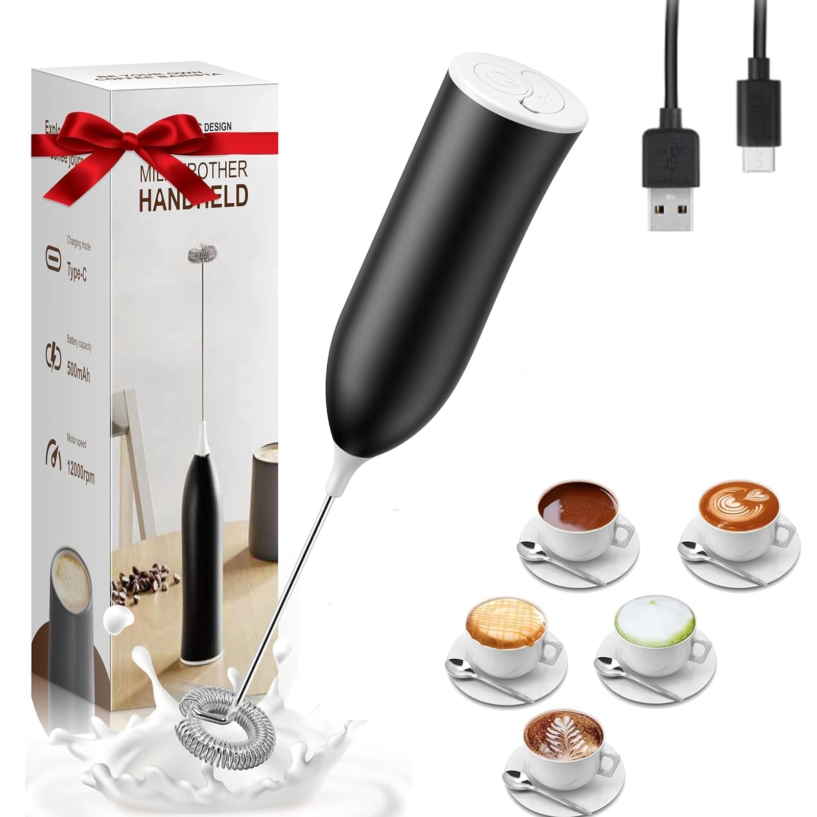 Milk Frother Rechargeable, Handheld Milk Frother, Electric Whisk Beater Foam ...