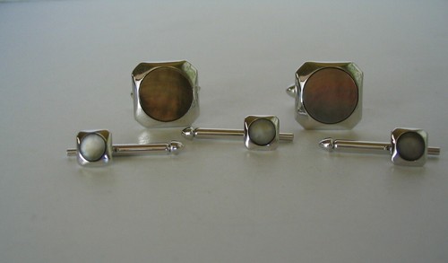 VINTAGE TIGER EYE TUXEDO SHIRT BUTTON STUDS CUFF LINK SET SWANK SILVER TONE - Picture 5 of 11