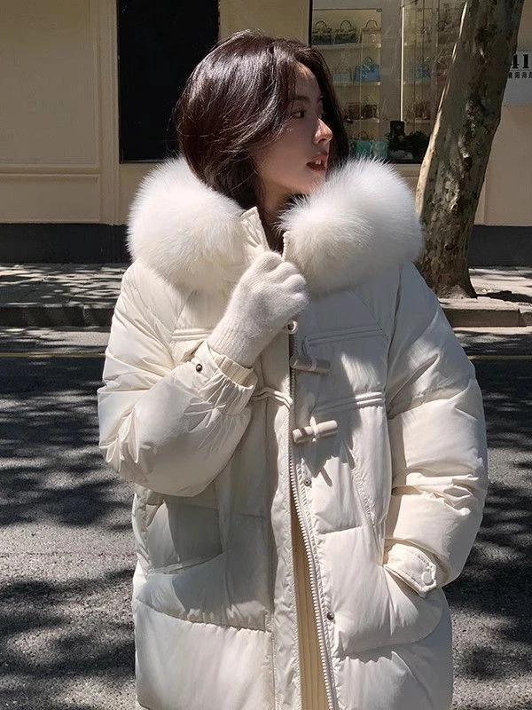 Down Jacket Women's Mid Length White Duck Down Fox Fur Collar Hooded Loose Coats - Image 2 of 4