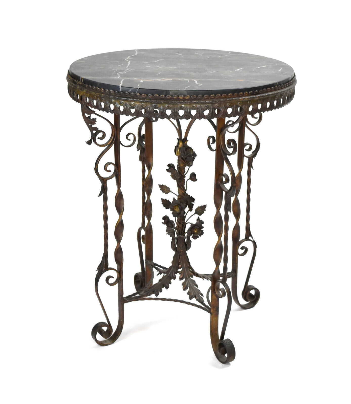 Antique 1920’s Wrought Iron Floral Motif Table w Figured Black Marble Top