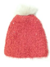 Old Navy Red Faux Fur Thick Knit Fleece Lined Glittery Pompom Hat Women Sz S-M
