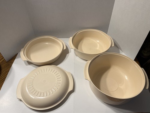 Vtg Tupperware Microwave Stack Almond 4 Piece Cooking Set 1 Qt, 13/4 Qt, 3 Qt - Zdjęcie 7 z 14