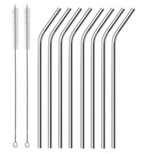 8 pc Bend Stainless Steel Straws 8 in. Drinking Reusable 2 Cleaning Brushes