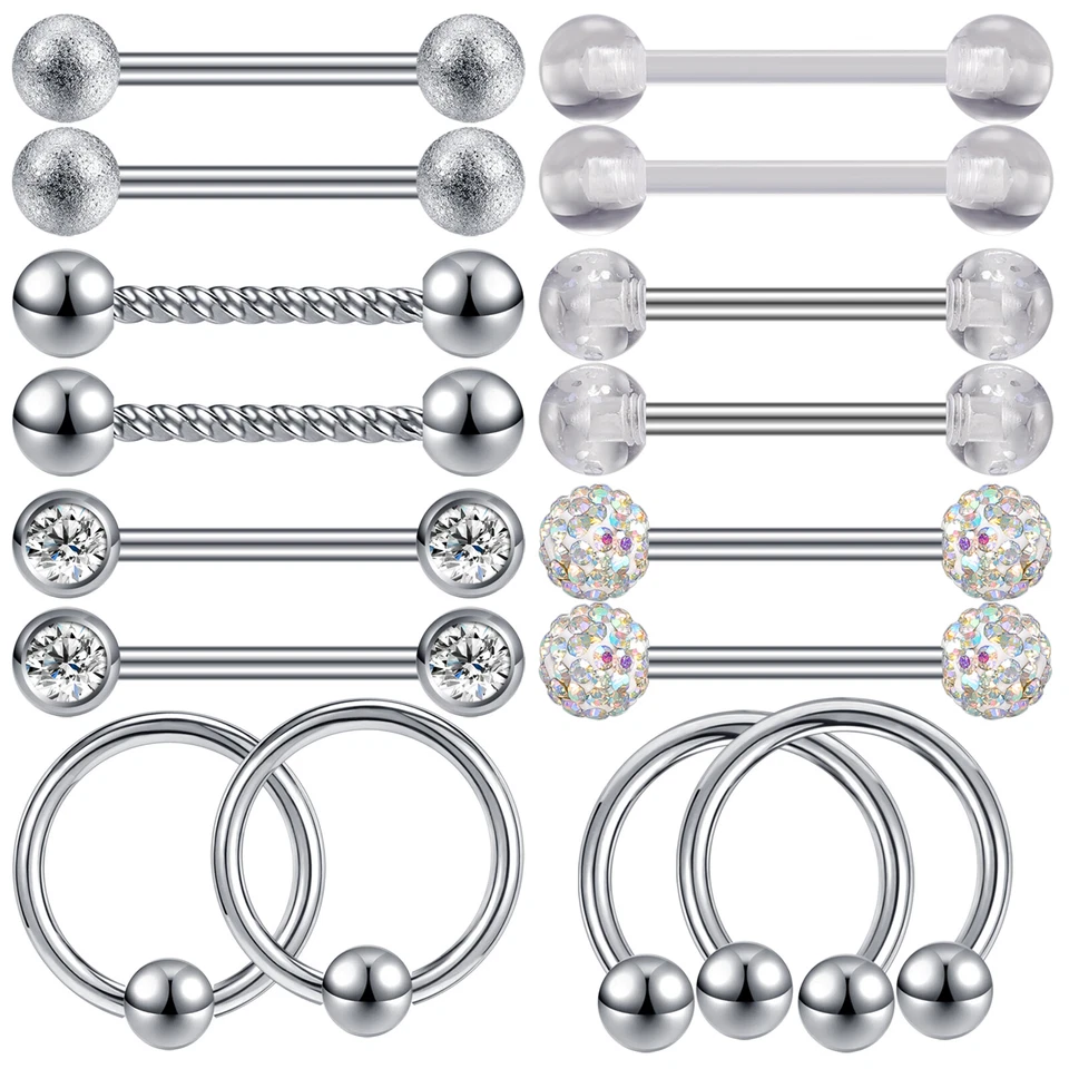 Anillos para pezones de acero inoxidable 14G 16 piezas barras piercing para lengua piercings para pezones Foto 2 de 4