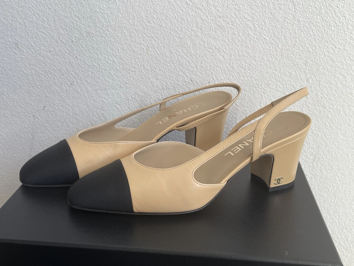 CHANEL BEIGE/BLACK CAPTOE GOATSKIN & GROSGRAIN SLINGBACKS (39