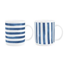 Bone China Mixed Striped Mugs - Blue & White Drinks Cups Gift Set of 2