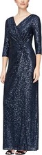 Alex Evenings L35907 Navy 3/4 Sleeve Surplice Neckline Column Sequin Gown Size 8