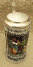 Gerz W Germany lidded stein hunter & family 3D relief gold highlights c43295