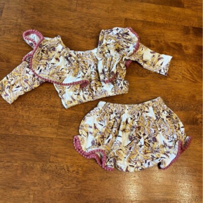 Kate Quinn Bamboo Collection cream tan floral two piece mauve trim size 3-6 mo