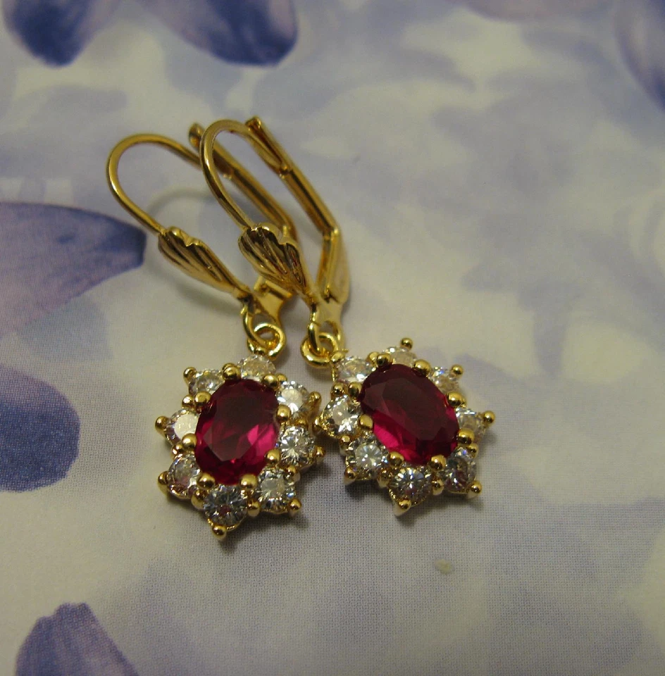 Dolly-Bijoux Boucles d'oreilles Dormeuse 30mm Marquise Rubis Cz Plaqué Or 18K