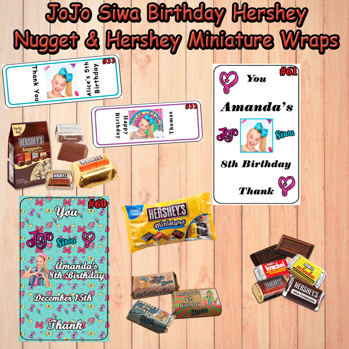 JoJo Siwa Birthday Hershey Miniature & Nugget Stickers/Wraps 1 Sheet Personalize