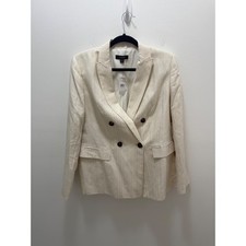 Ann Taylor Cream Pinstripe Linen Cotton Double Breasted Blazer 10 NEW