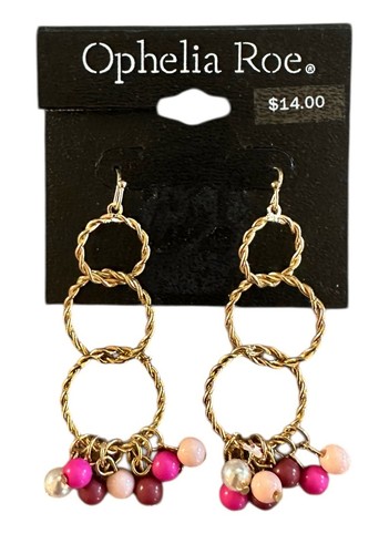 Ophelia Roe 'Boujee Bordeaux' 3-Hoop Earrings Gold Tone w/ Beaded Fringes