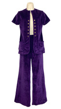 Vintage 1970s dark purple pants set XS S velour flare short sleeve corset suit