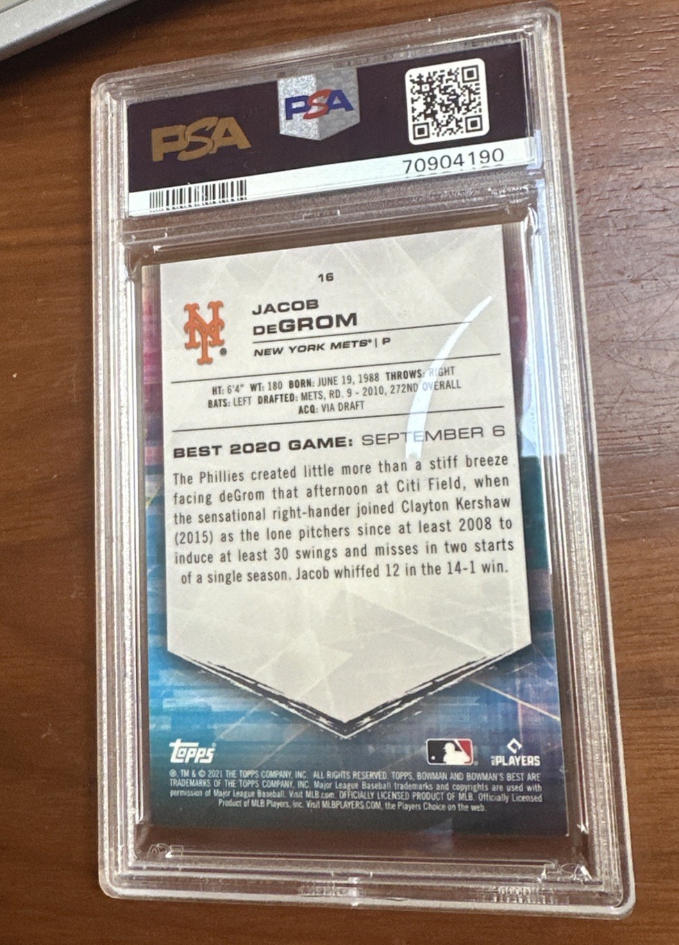2021  Bowman's Best Jacob deGrom Orange Refractor /25 PSA 9 Mets Rangers 🐐 view 3