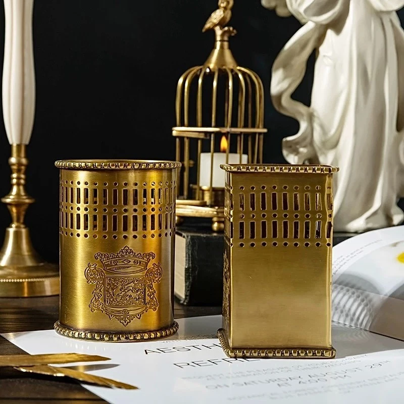 Juego de soporte de utensilios de latón vintage - Organizador de cubiertos dorado antiguo Foto 3 de 4