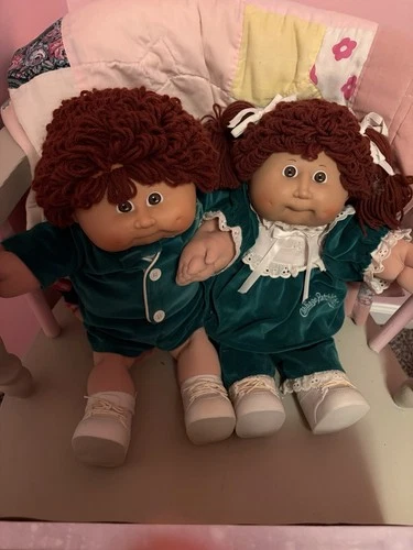Cabbage Patch Kids Rag Dolls Lot of 2 Curly Brown Hair Soft Body Green Outfits