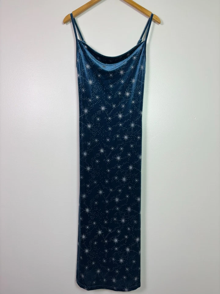 Cider Velvet Cowl Neck Star Pattern Mermaid Maxi Dress Blue Women's S Y2K Whimsy - Image 4 of 4