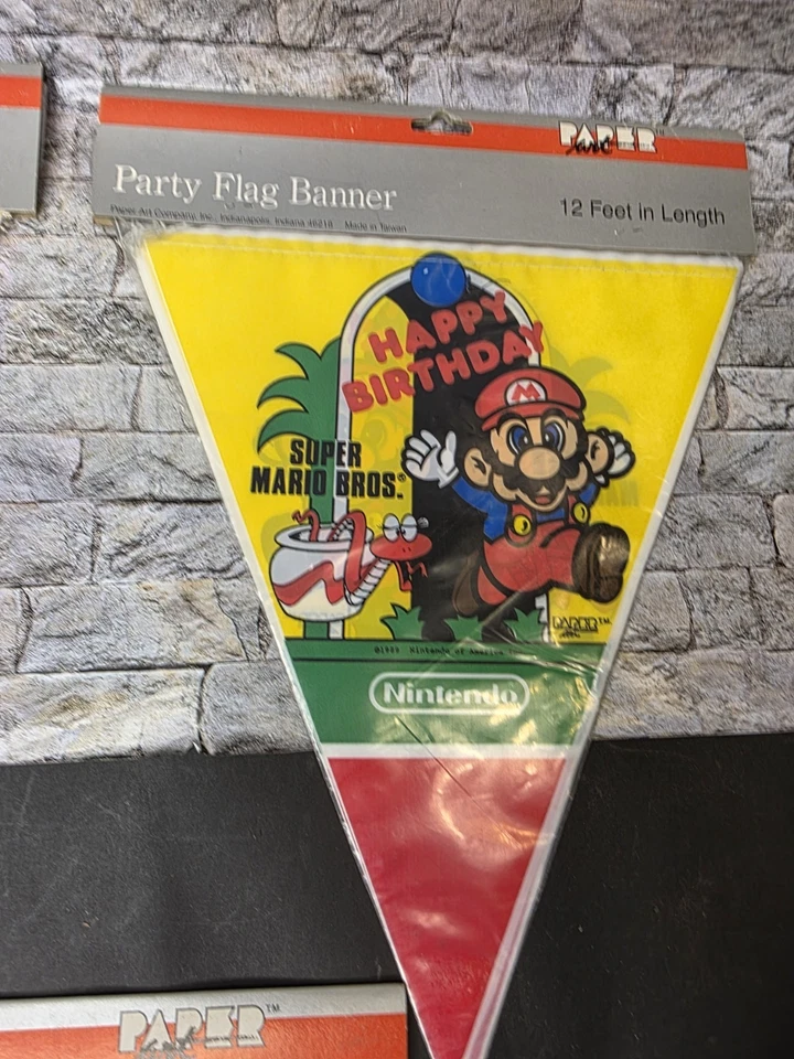 Nintendo 1989 Super Mario Bros Party Flag Vintage Happy Birthday Banner New 3 Pk - Image 3 of 4