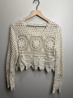 Rebellion Crochet Crop Long Sleeve 100% Cotton Boho Festival Sz M