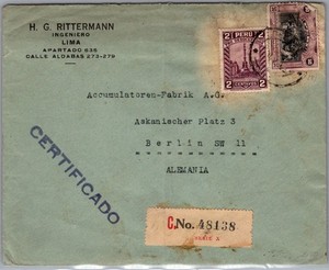 1932 Lima Peru Postal Stamps Certified Mail Cover to Berlin Germany