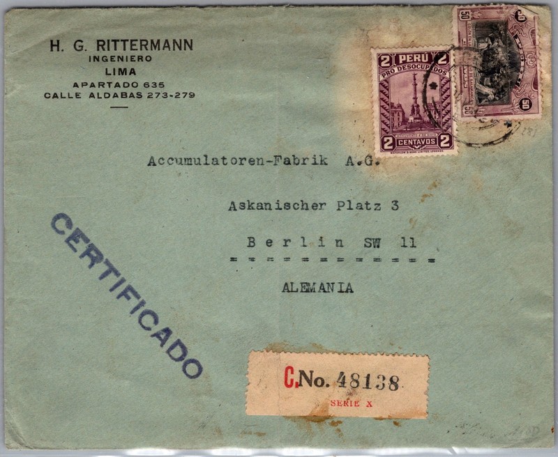 1932 Lima Peru Postal Stamps Certified Mail Cover to Berlin Germany