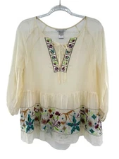 John Mark Tunic Womens S Ivory Sheer Silk Crosstitch Lace Up Boho