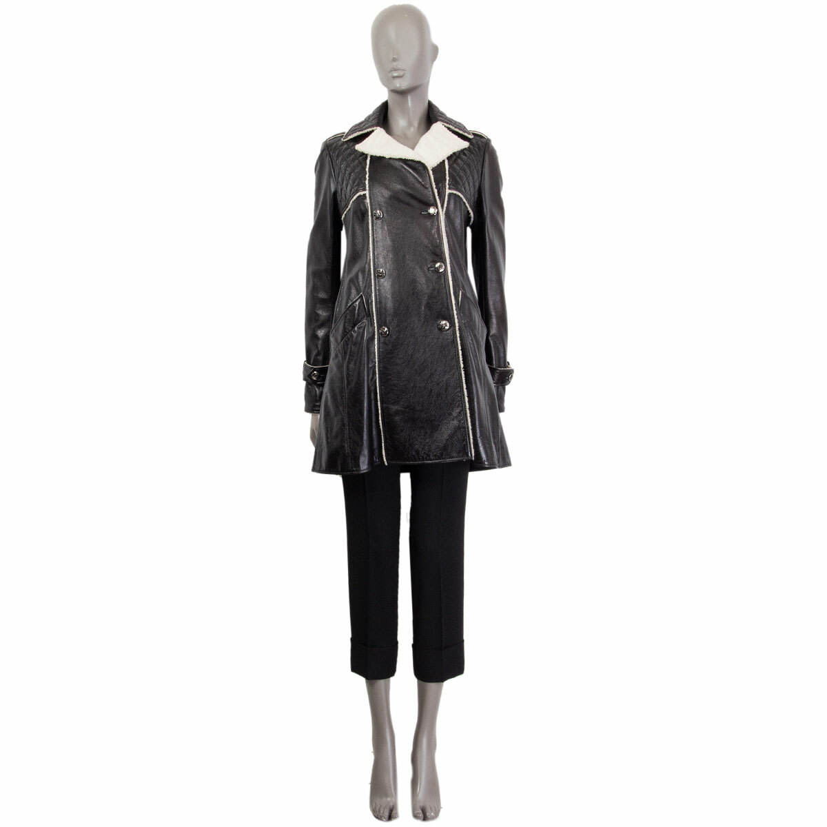 62996 auth CHANEL black leather SHEARLING Double Breasted Coat