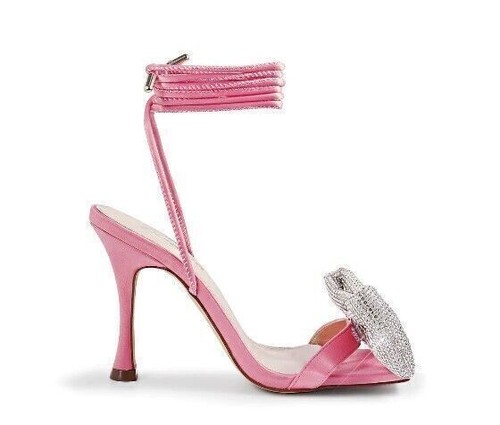 New Lace-up Crystal-embellished Silk-satin Puffed Bow  Pink coquette Sandals 7.5 - Picture 3 of 5