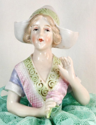 Porcelain Half Doll Pincushion Dutch Girl Holds Rose Arms Away Germany #8
