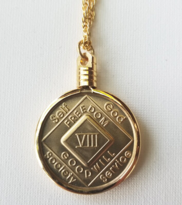Narcotics Anonymous - NA / AA  Beveled Medallion Holder With Chain Gold Plated