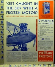 1929 EVEREADY LANDER PRESTONE AIRCRAFT AVIATION PLANE PILOT VINTAGE AD  K73