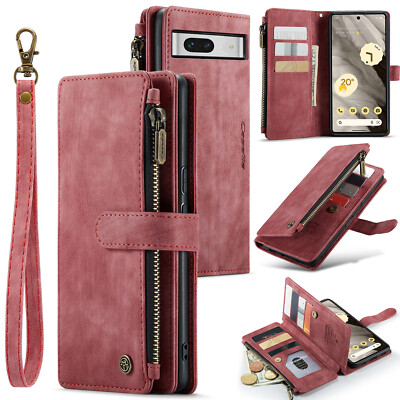 For Google Pixel 7A  Zipper PU Leather Card Holder Flip Wallet Case with Strap