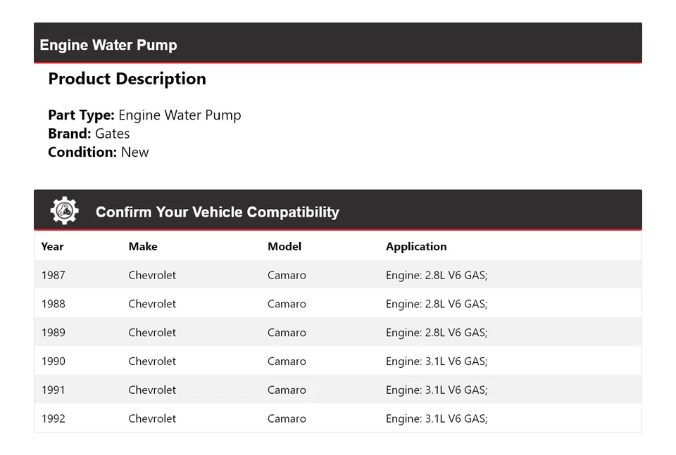 Puertas bomba agua motor Chevrolet Camaro 1987-1992 1988 1989 1990 1991 Foto 2 de 4