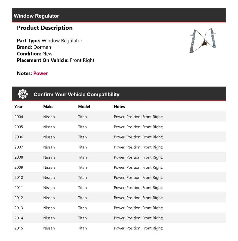 Regulador de ventana delantero derecho Nissan Titan Dorman 2004-2015 2005 2006 2007 Foto 2 de 4
