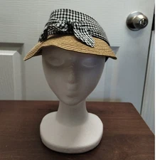 Marcus Adler New York Blue White Check Paper Brim Bow Beach Visor Hat One Size
