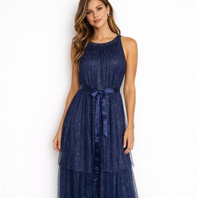 Candalite Navy Blue Glitter Tulle Tiered Maxi Dress Halter Neck Formal Gown  M | eBay