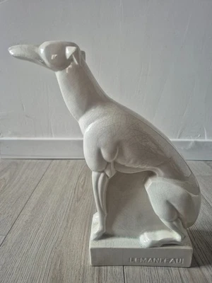 Statuette Art déco 30cm Lévrier assis en porcelaine craquelée Charles Lemanceau - Photo 1/4