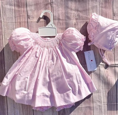 NWT Petit Ami Pink Gingham Bishop 3pc Smocked Baby Girls Dress Bonnet Newborn NB
