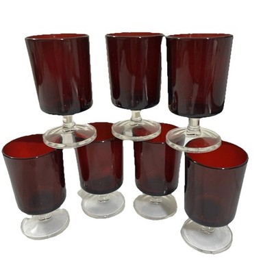 Set 7 Luminarc France Ruby Red Glass Footed Cordial Glasses MCM Bar Ware 4.5''