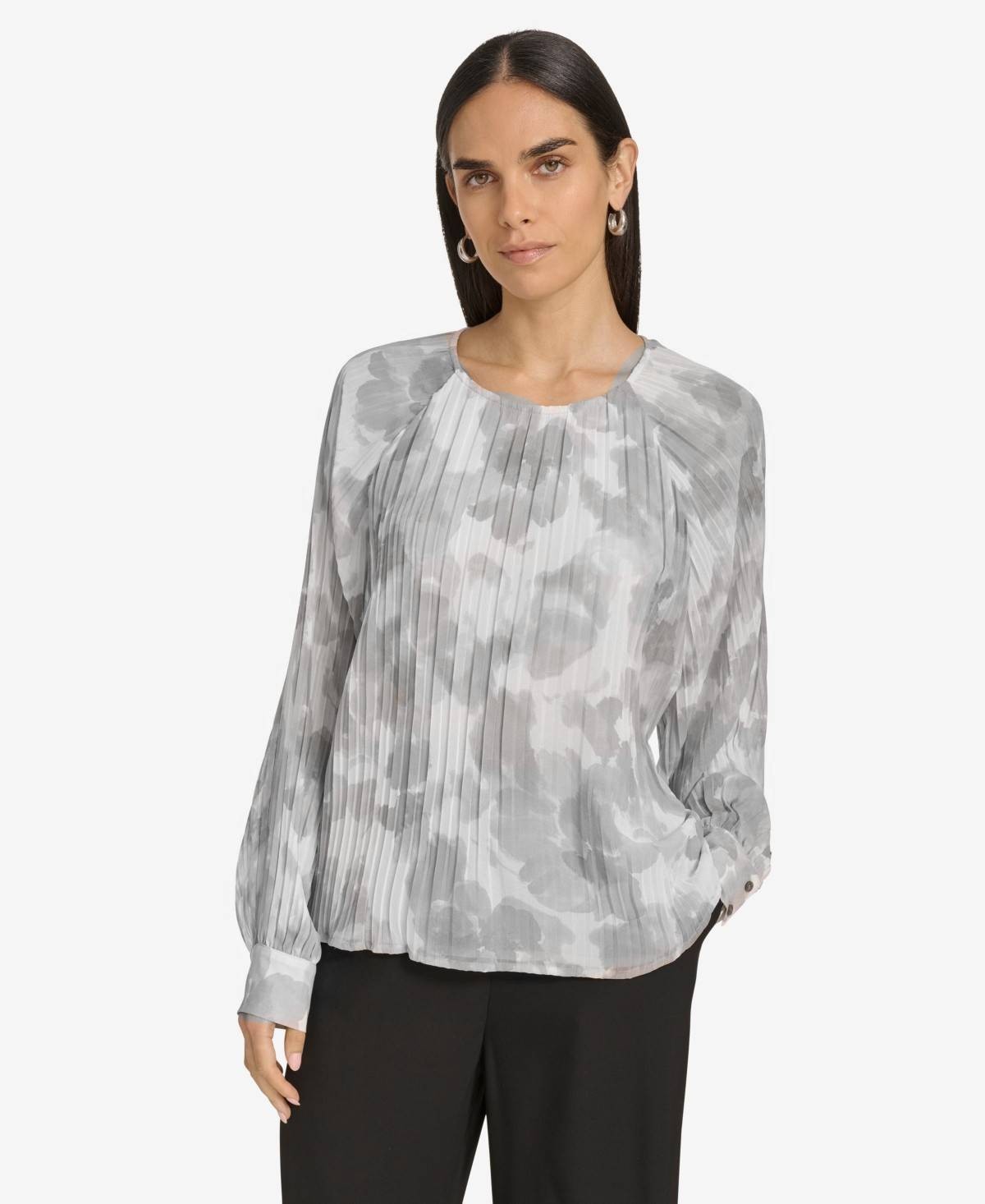 Calvin Klein Women's Printed Pleated Raglan-Sleeve Top Gray Size XL MSRP $99