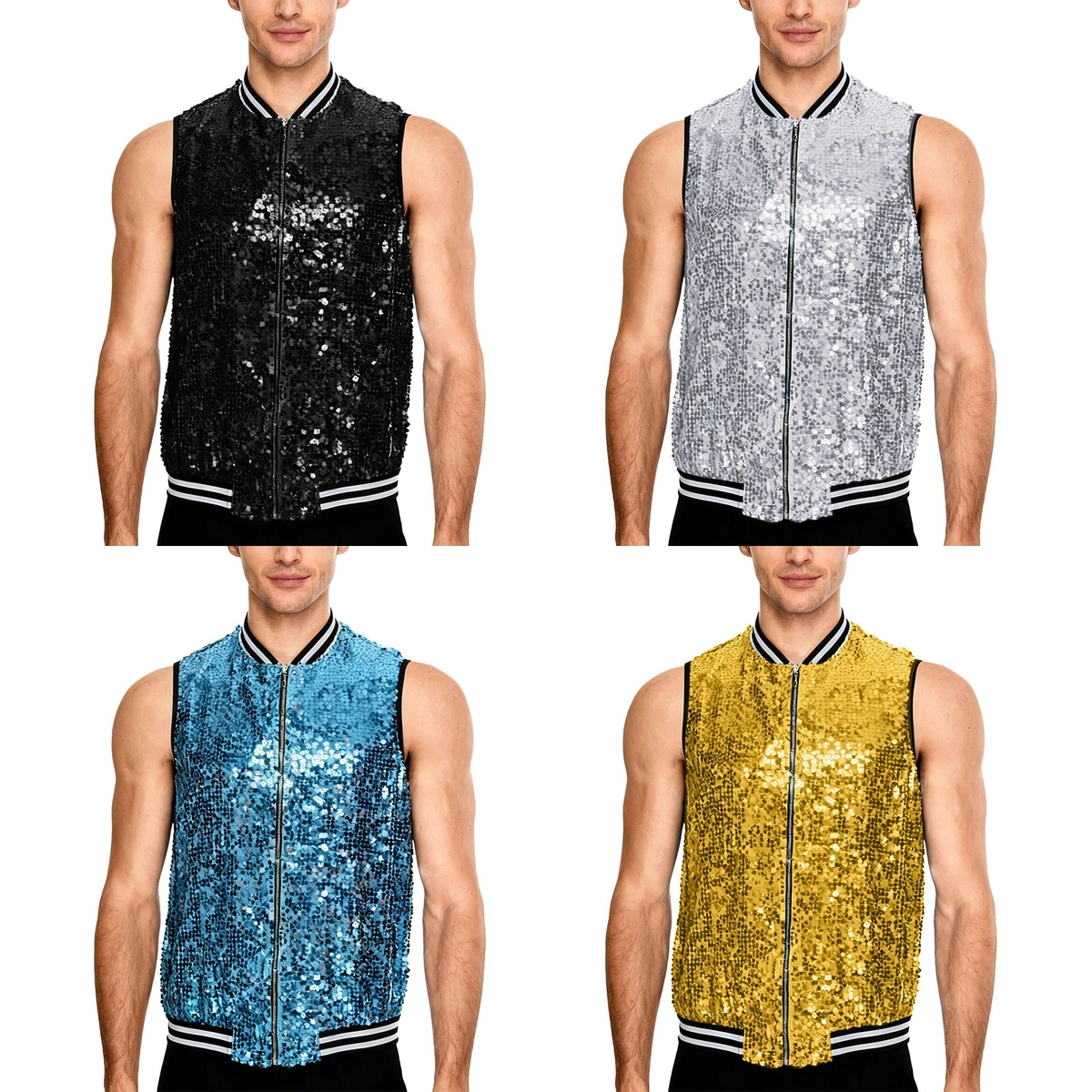 Chaleco De Lentejuelas Para Hombre – Sin Mangas, Cuello En V, Ajuste Regular, Negro