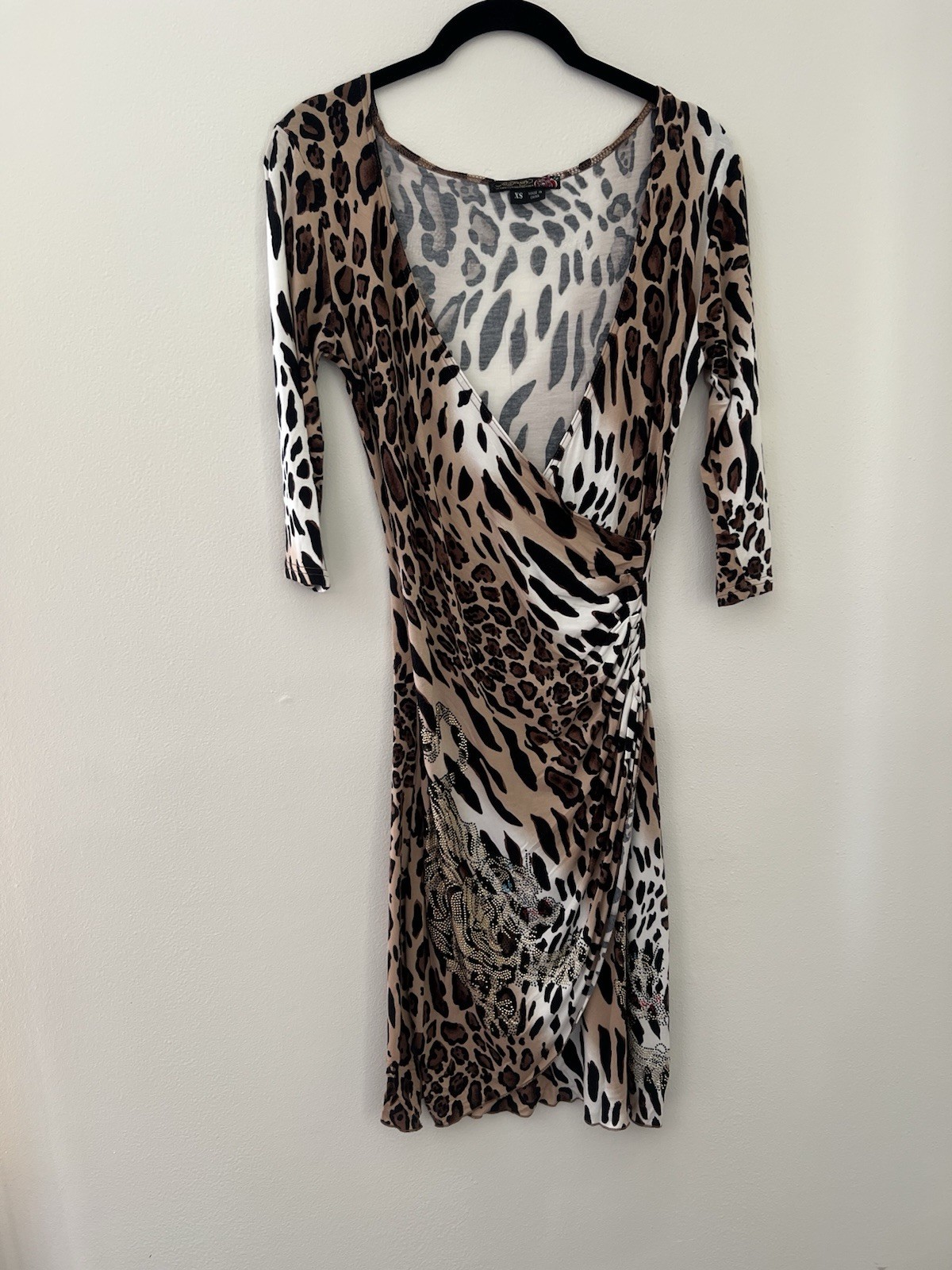 Vtg Y2K Ed Hardy Christian audigier Faux Wrap Dress Bodycon Xs Leopard Crystal
