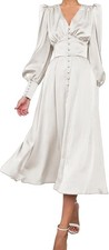Abito Maxi Donna Raso Elegante Vintage Cerimonia Maniche a Sbuffo Bianco M Lungo
