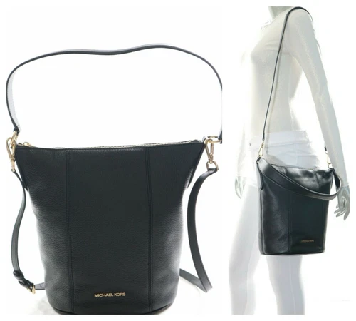 Michael Kors Brooke Medium Bucket Bag Hobo Xbody Leather Bag Black NWT$378.00