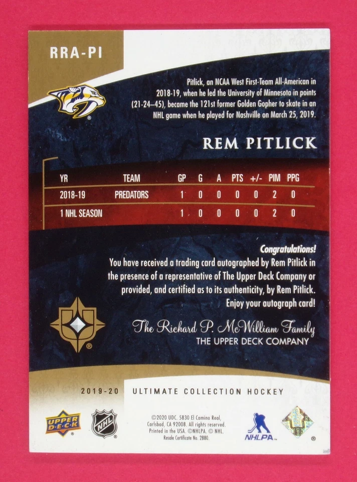 2019-20 Ultimate Collection Rem Pitlick 142/225 Retro Rookie Autographs #RRAPI - Image 2 of 2