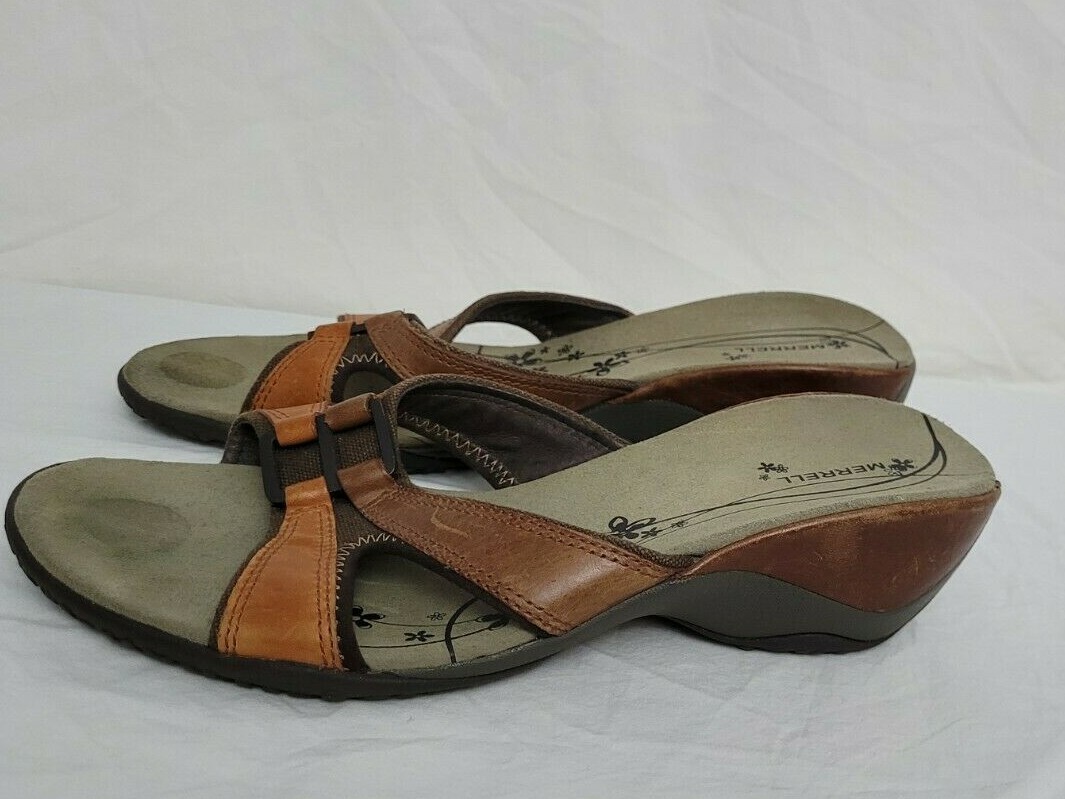 Merrell sandali donna slip on comodi con zeppa taglia 8 pelle marrone