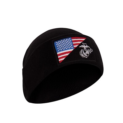 USMC Eagle Globe and Anchor US Flag Deluxe Fine Knit Watch Cap Mütze Black
