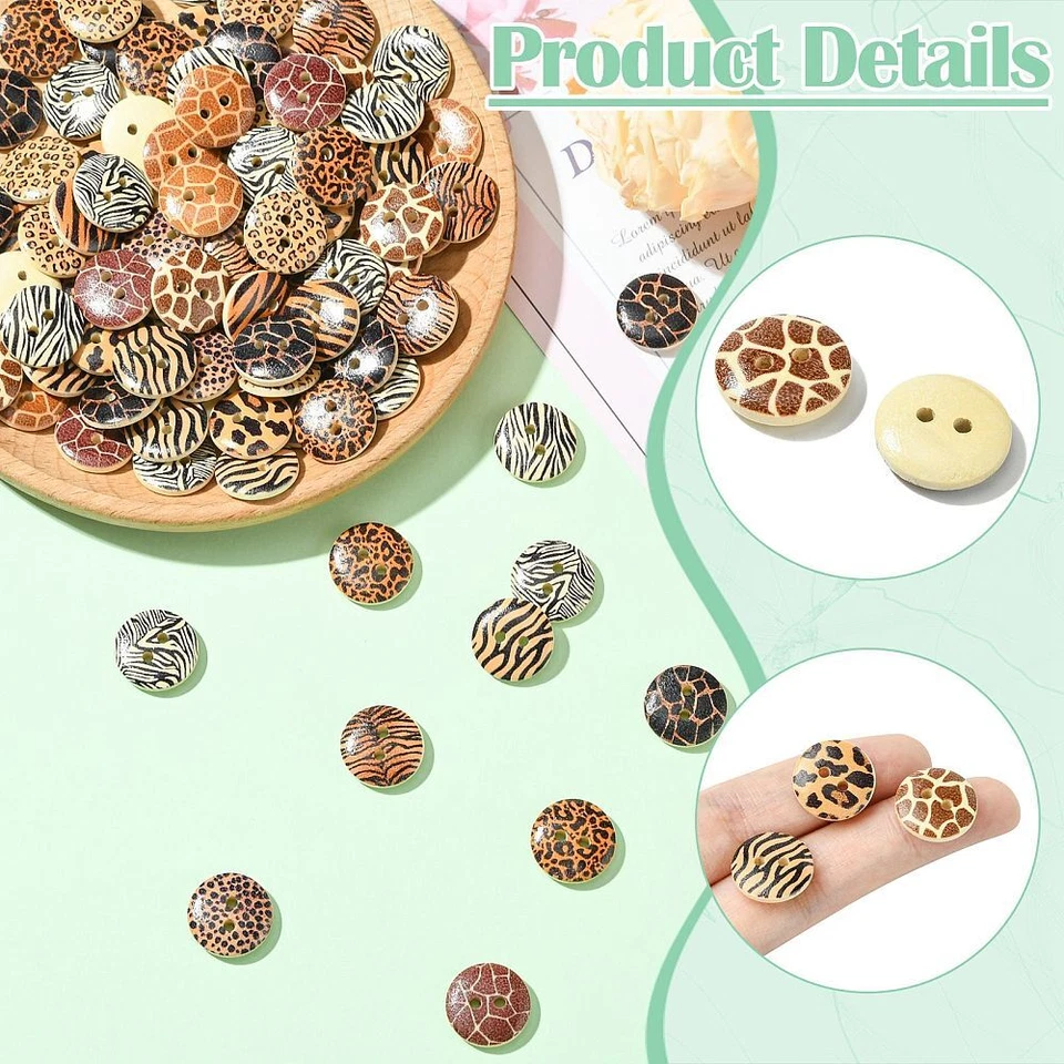 100pcs Round Flat 2-Hole Wood Buttons Brown Printed for DIY Sewing Cloth Crafts - Image 4 of 4
