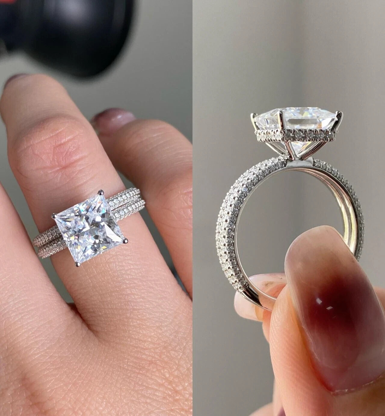 Anillo de compromiso pavé halo moissanita 2,50 tcw plata maciza 935 GARANTÍA DE POR VIDA